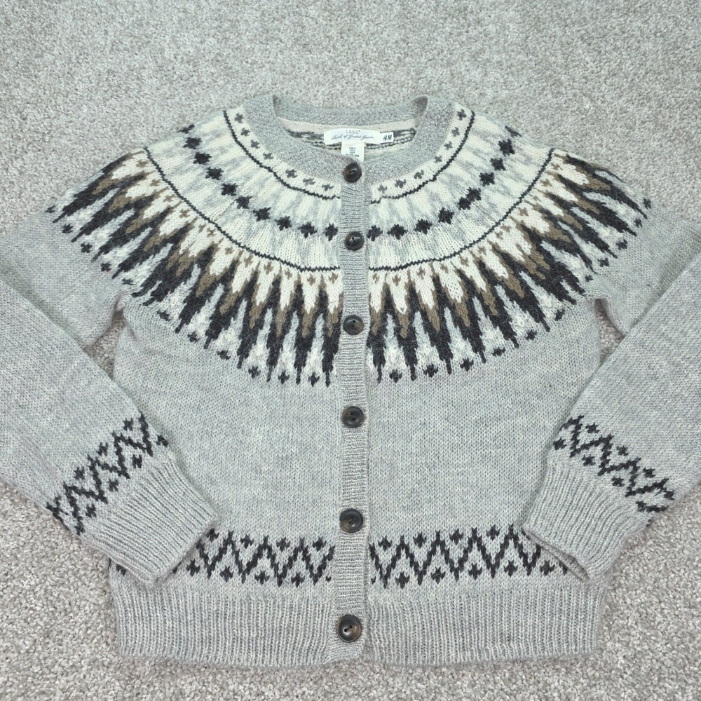 HM LOGG Womens Grey Fair Isle Wool Alpaca Blend Button Front Cardigan Sweater S